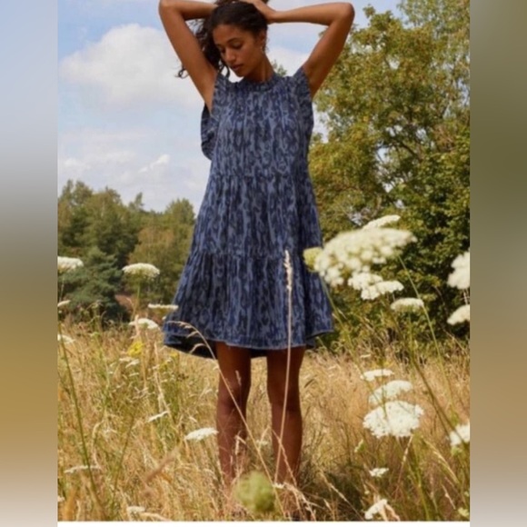 Anthropologie Blue Camo Pleated Dress Womens Size XSmall - Picture 1 of 16